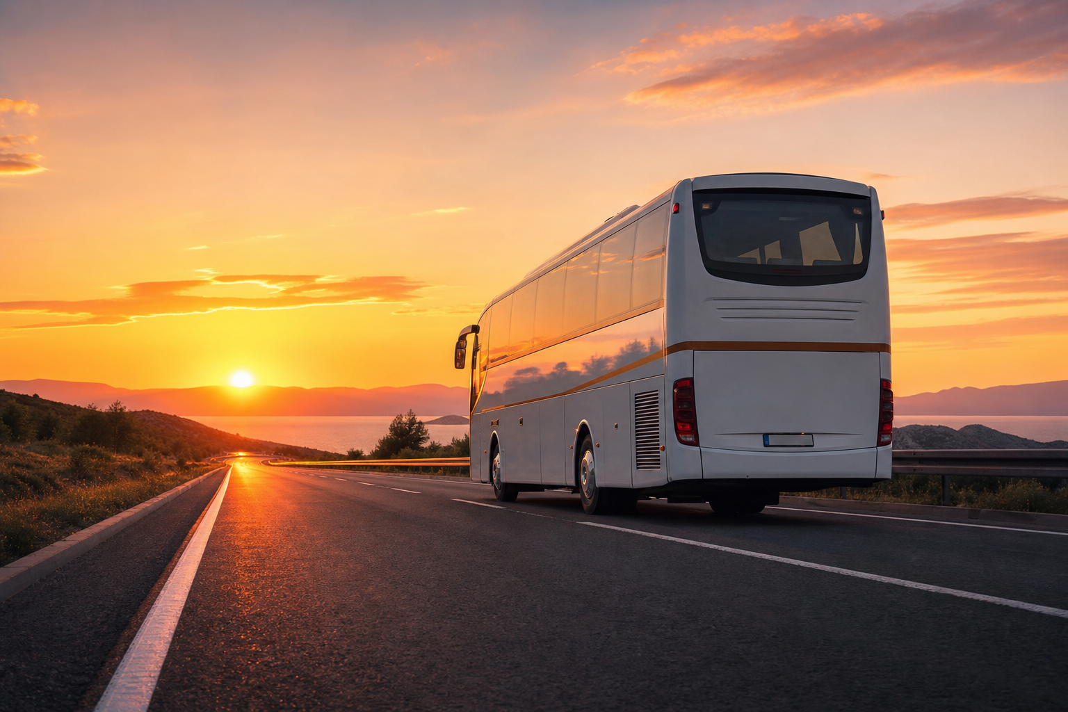 Touringcar op weg met zonsondergang